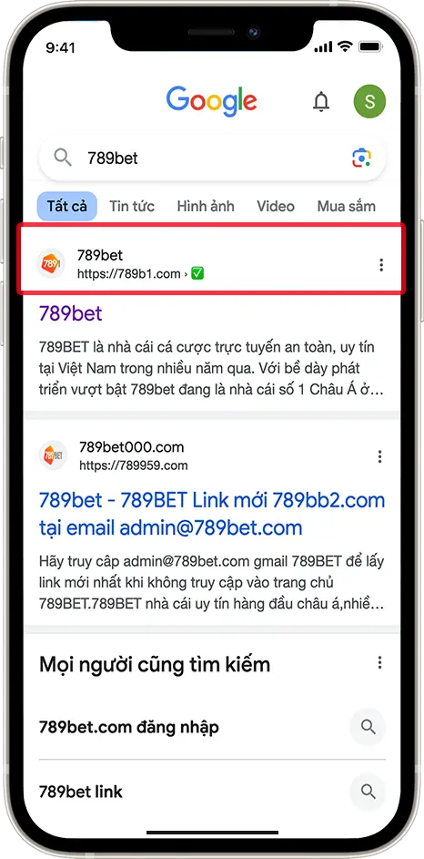 Bước 1: Vào trình duyệt google »» Tìm từ khóa 789BET »» Tìm link truy cập 789b1.com
