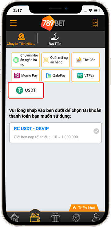Bước 2: Chọn phương thức thanh toán "USDT" và chọn kênh thanh toán "RC USDT-OKVIP"